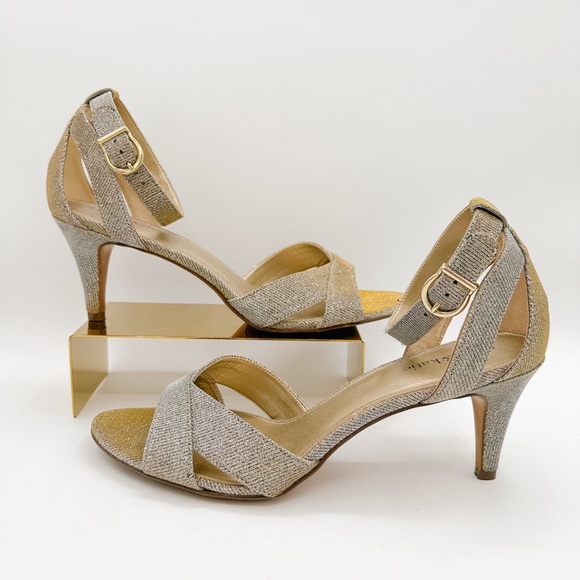 KELLY & KATIE Shimmer Silver Evening Ankle Strap Heels | Size 11 | Prom Bridal - Picture 1 of 13